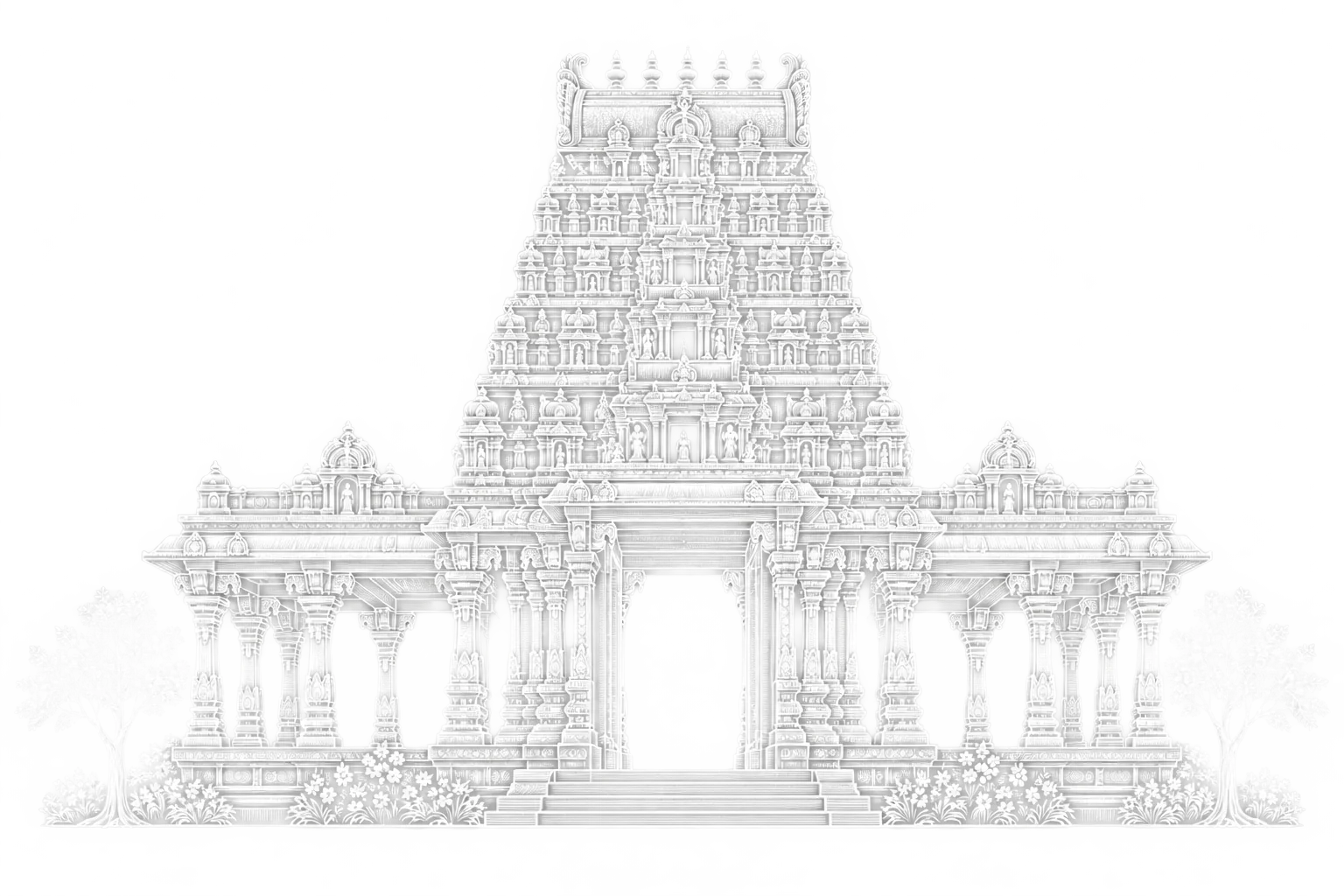 White outline of a Hindu temple